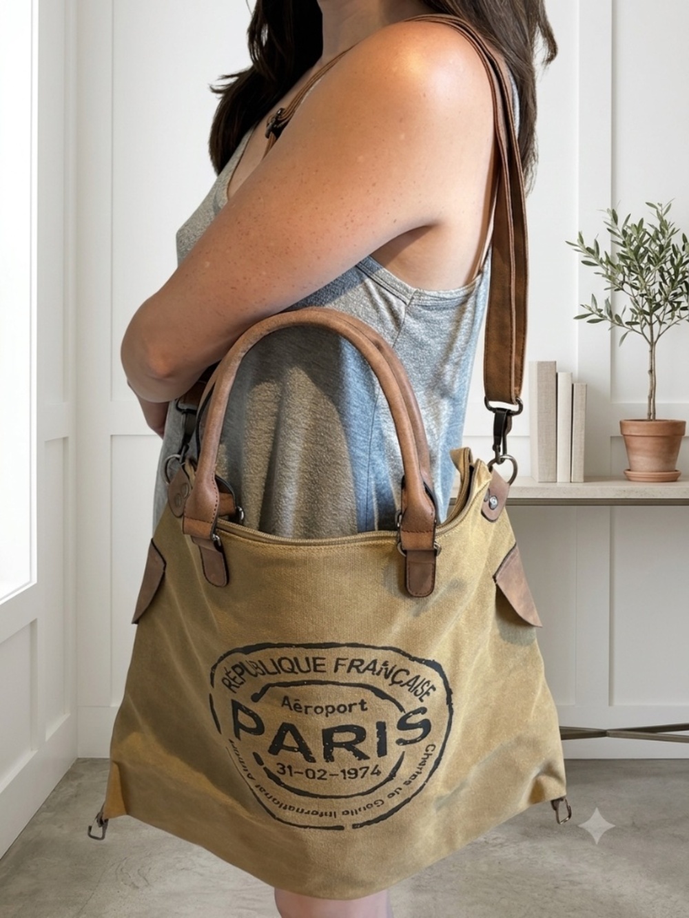NWOT Vintage Paris Passport Stamp Canvas Tote in Olive Green - Picture 5 of 7